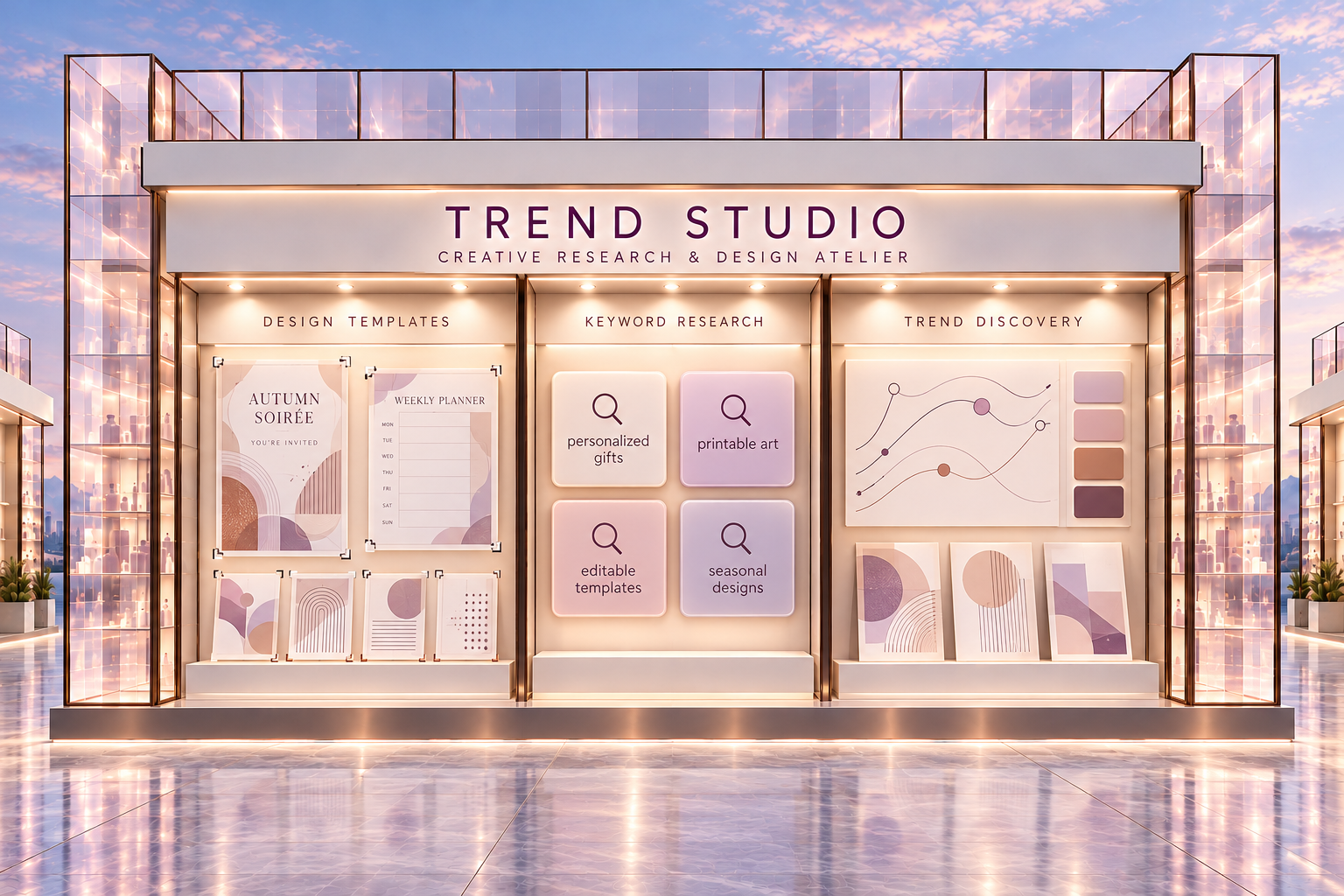 Trend Studio storefront displaying editable design templates, keyword research and trend discovery