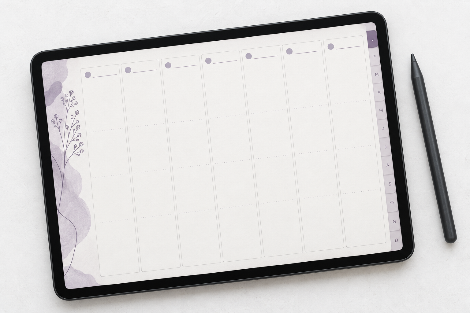 A tablet showing an illustrative digital planner with month navigation.