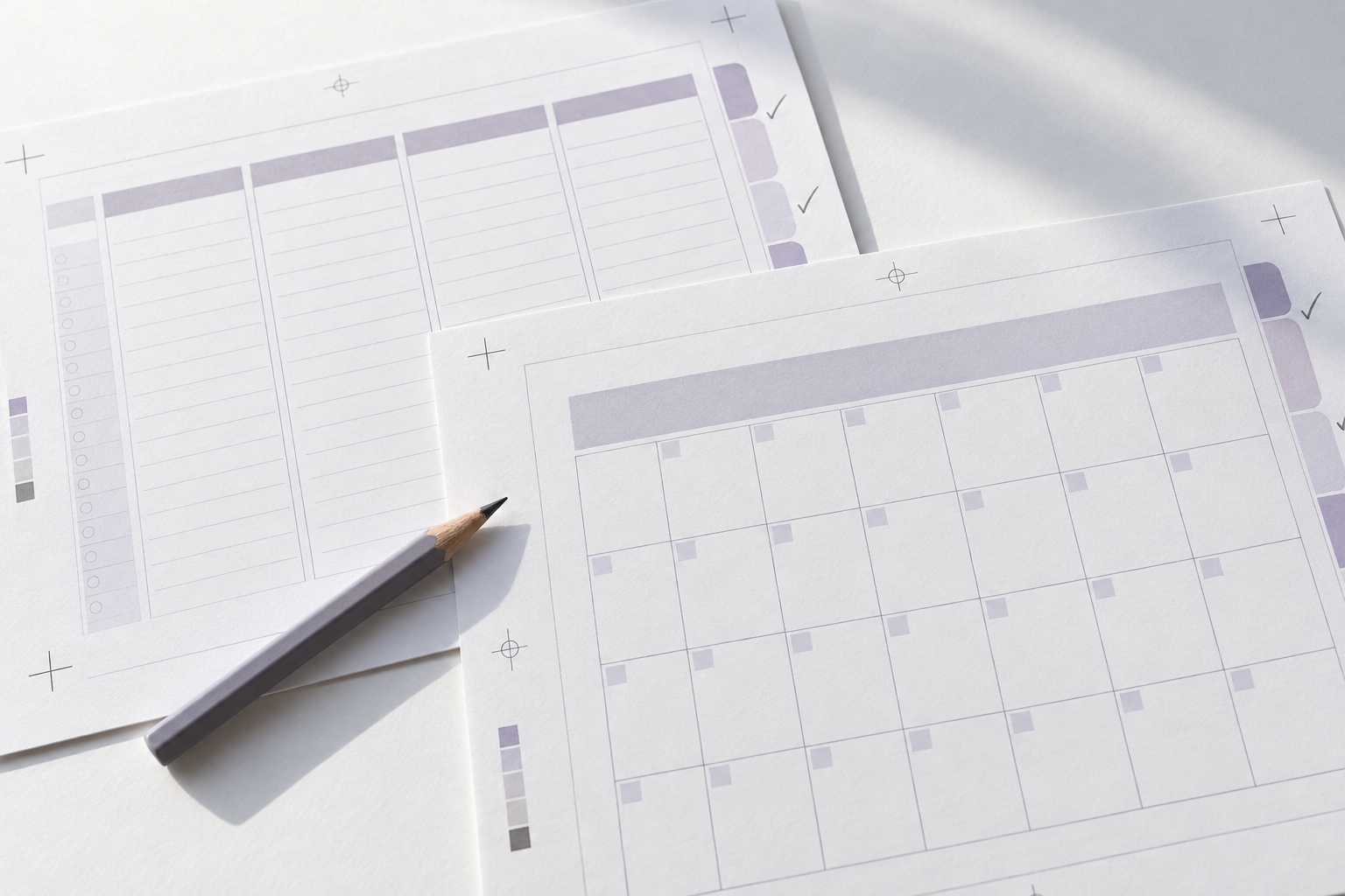 Printed planner proofs prepared for navigation and layout testing.