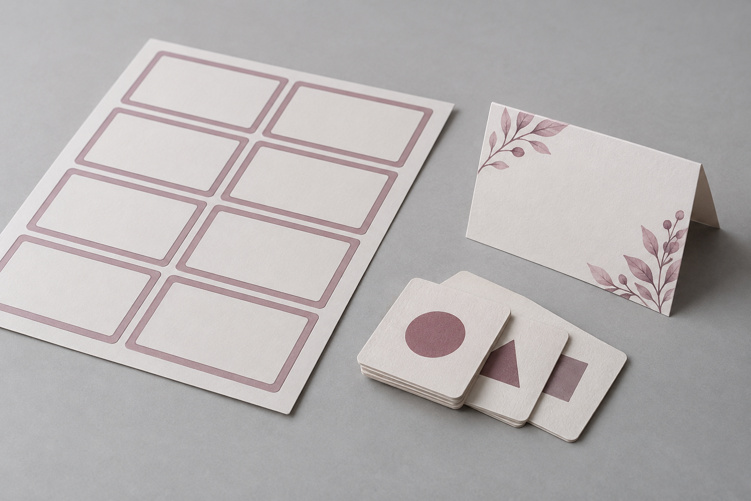Printable labels, activity cards and wedding stationery as product concepts.