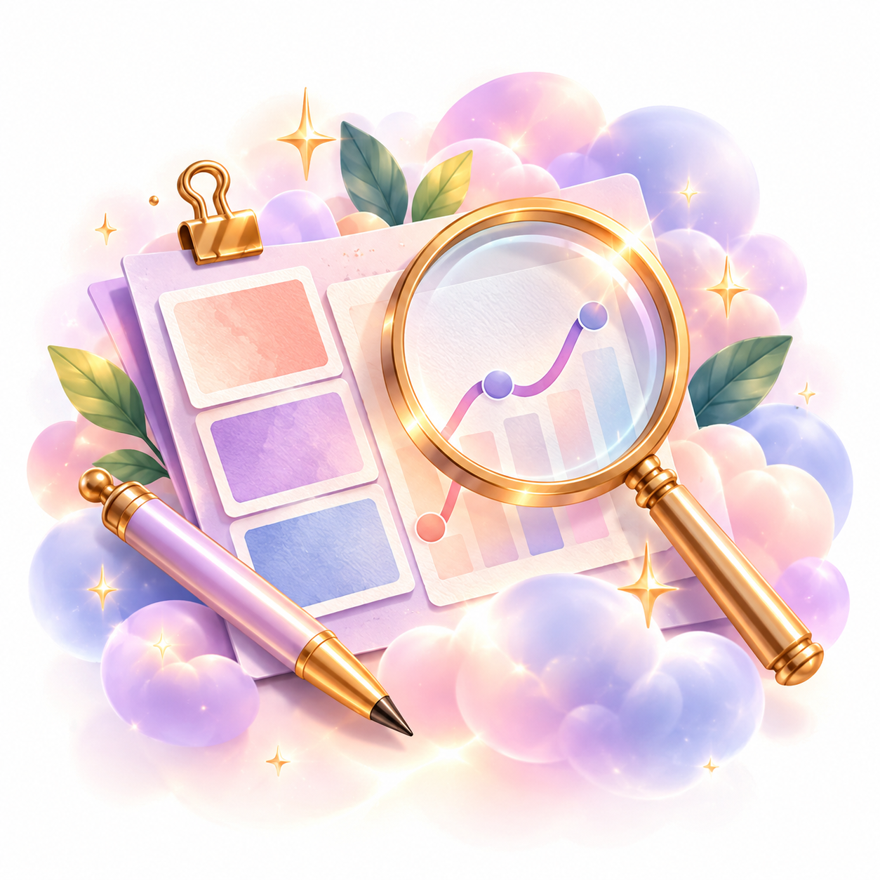 Pastel creative moodboard with a magnifying glass, trend chart and color swatches