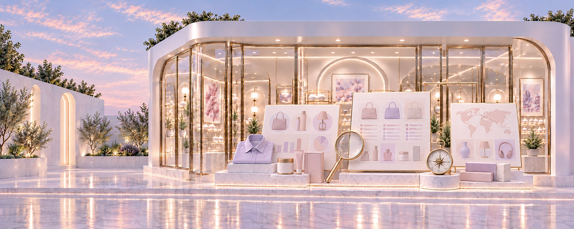 A pastel research boutique with product samples, research boards, a compass and a gold magnifying glass