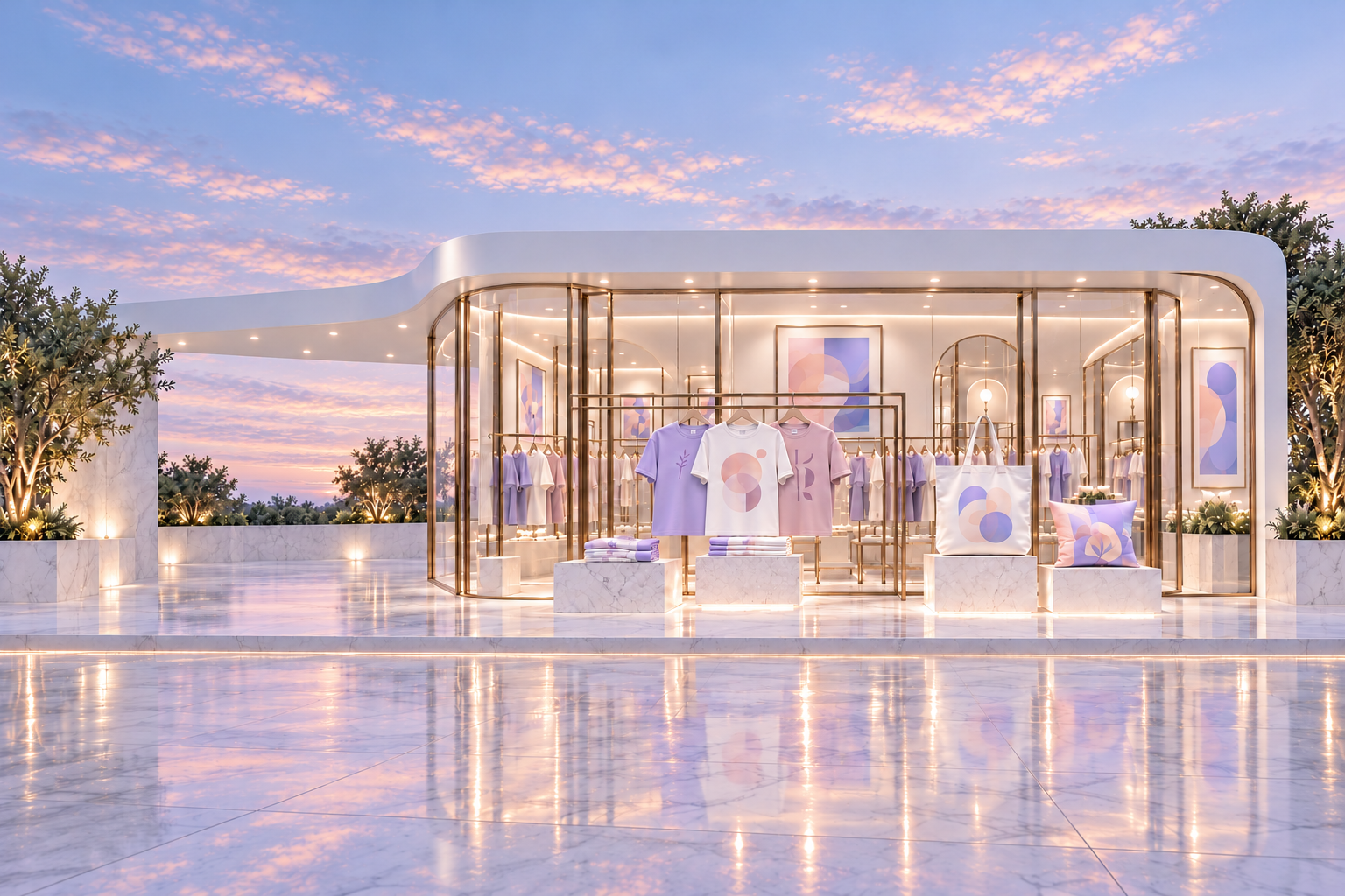 Print-on-demand boutique displaying lavender shirts, printed tote bags and wall art