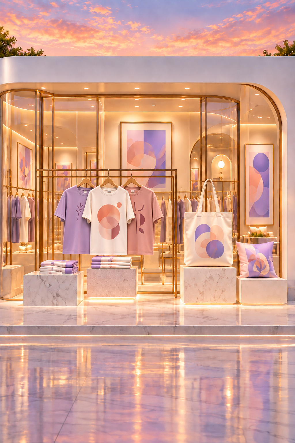 Pastel printed shirts and tote bag examples